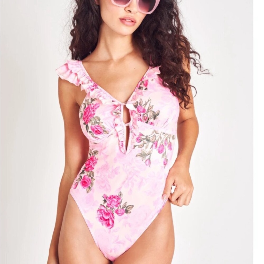 NWT LoveShackFancy Tibbie One Piece Swimsuit Pink Ivy Medium